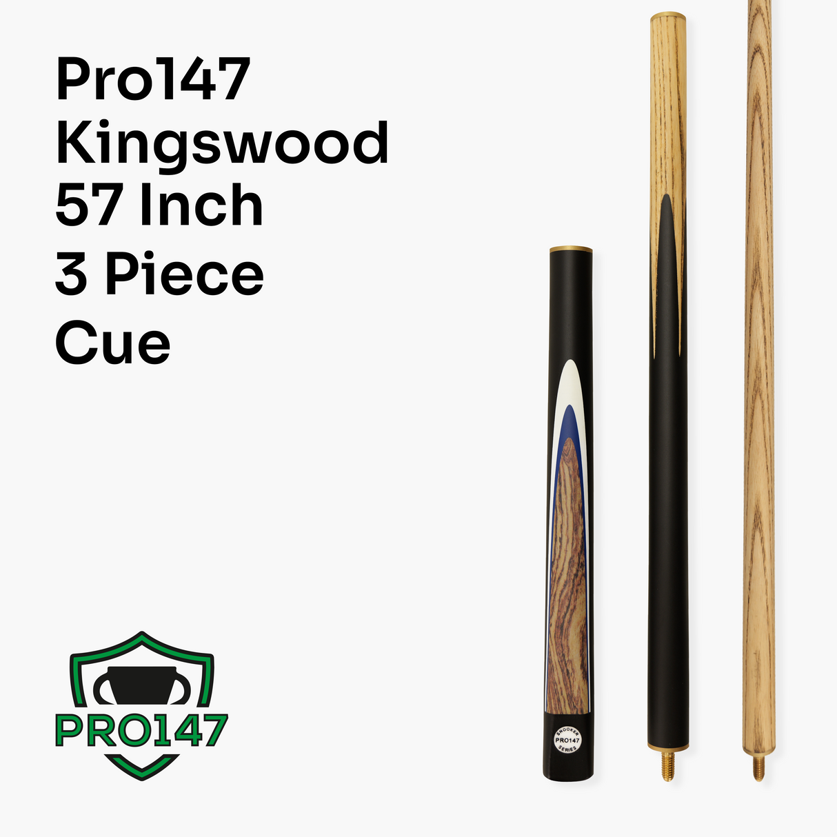 Pro147 Kingswood 3pc Snooker Pool Cue 57 Inch with Matching Ash Grain and 9.5mm Tip PRO147