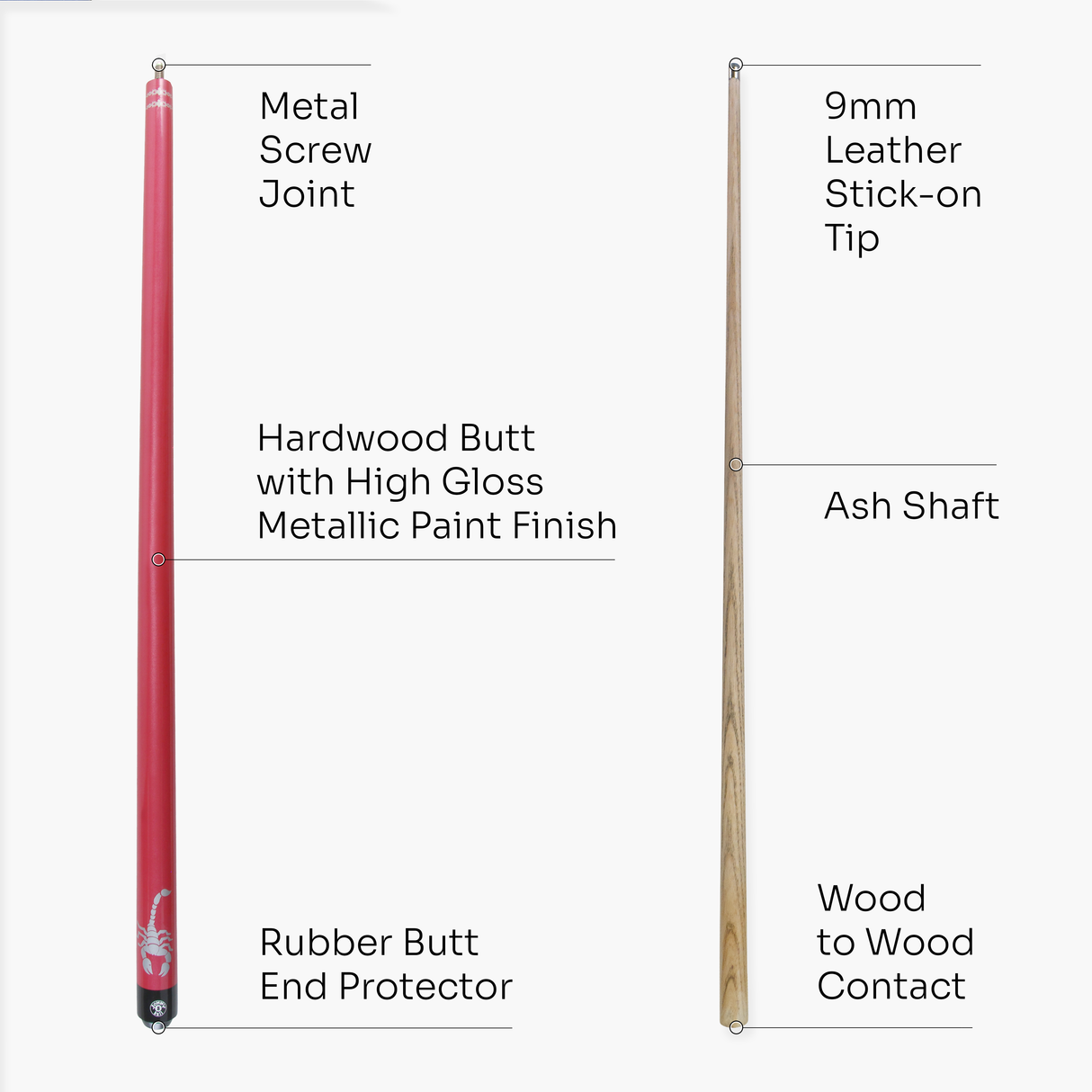 Jonny 8 Ball SCORPION 57 Inch 2 Piece Ash Snooker Pool Cue 9mm Tip with Hard Case