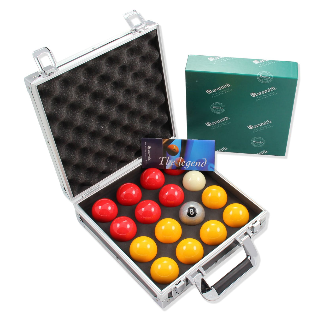 Aramith PREMIER Red & Yellow 2" Pool Balls & Sturdy Case - Silver 8 Ball Edition
