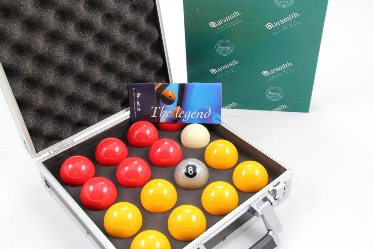 Aramith PREMIER Red & Yellow 2" Pool Balls & Sturdy Case - Silver 8 Ball Edition
