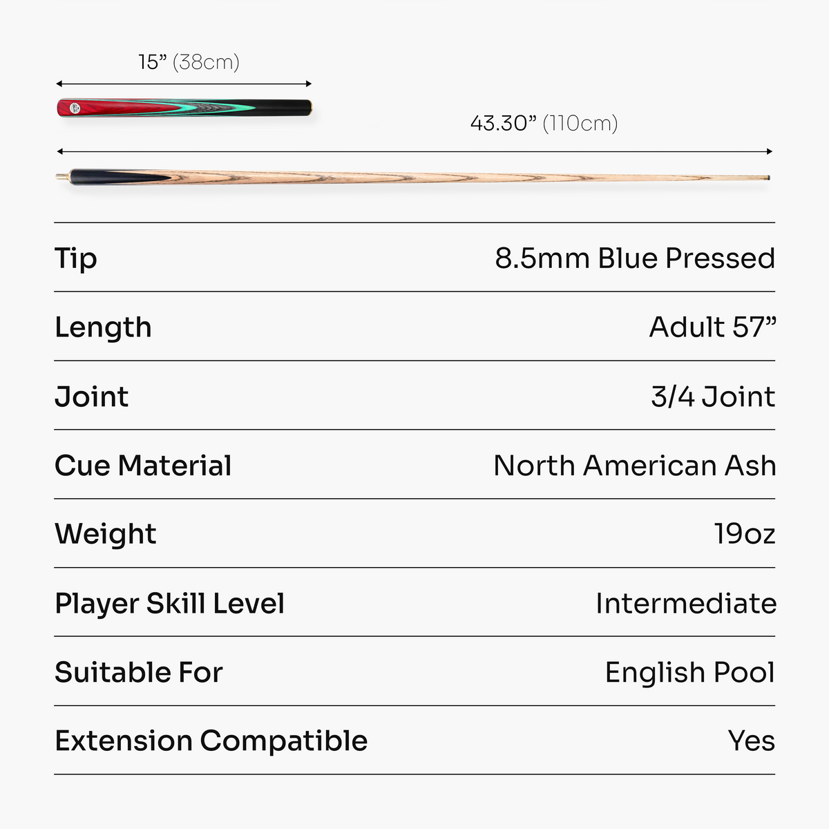 Baize Master Admiral ¾ Joint English Pool Cue with 8.5mm Blue Pressed Tip