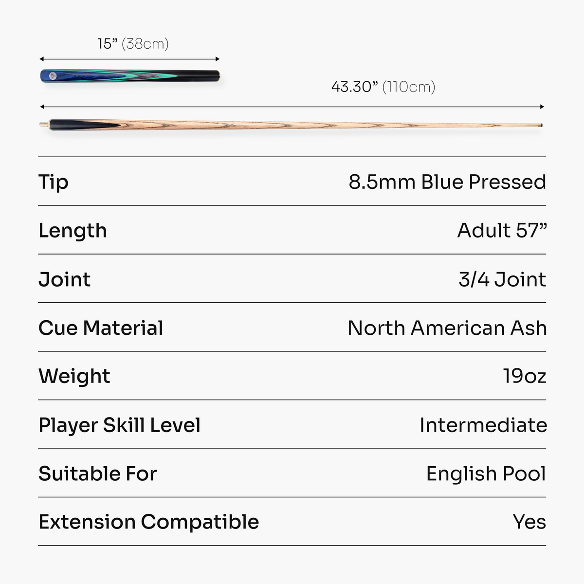 Baize Master Admiral ¾ Joint English Pool Cue with 8.5mm Blue Pressed Tip