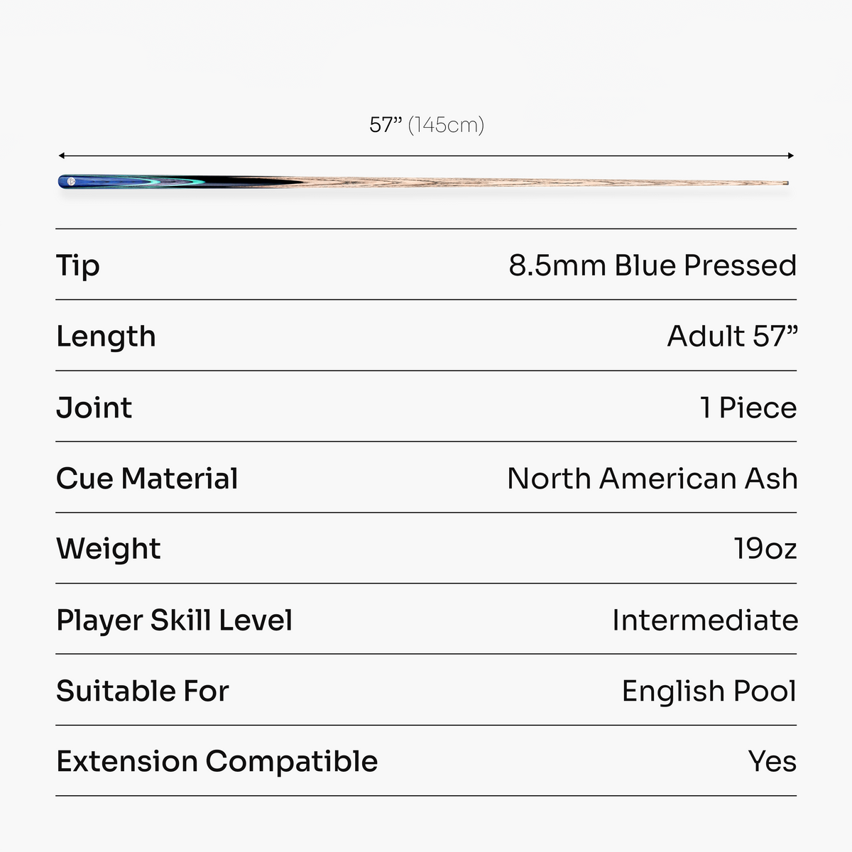 Baize Master Admiral 1 Piece English Pool Cue with 8.5mm Blue Pressed Tip