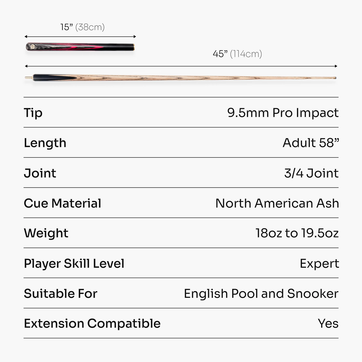 Baize Master EMPEROR 58 Inch ¾ Joint Snooker and Pool Cue with 9.5mm Baize Master Pro Impact Hybrid Tip Baize Master