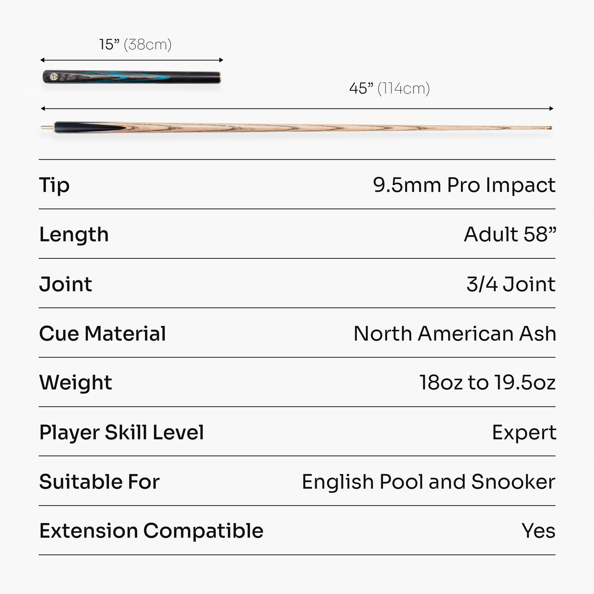 Baize Master EMPEROR 58 Inch ¾ Joint Snooker and Pool Cue with 9.5mm Baize Master Pro Impact Hybrid Tip