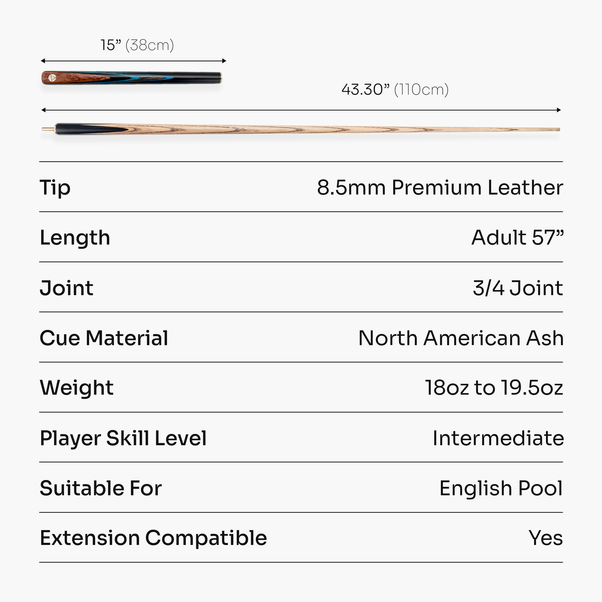 Baize Master Sapphire Marksman ¾ Joint English Pool Cue with 8.5mm Baize Master Blue Pressed Tip