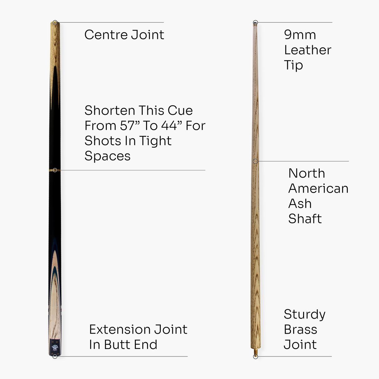 Jonny 8 Ball 57 Inch 3 Piece Length Adjustable Snooker Pool Cue 9mm Tip - Shorten to 44"