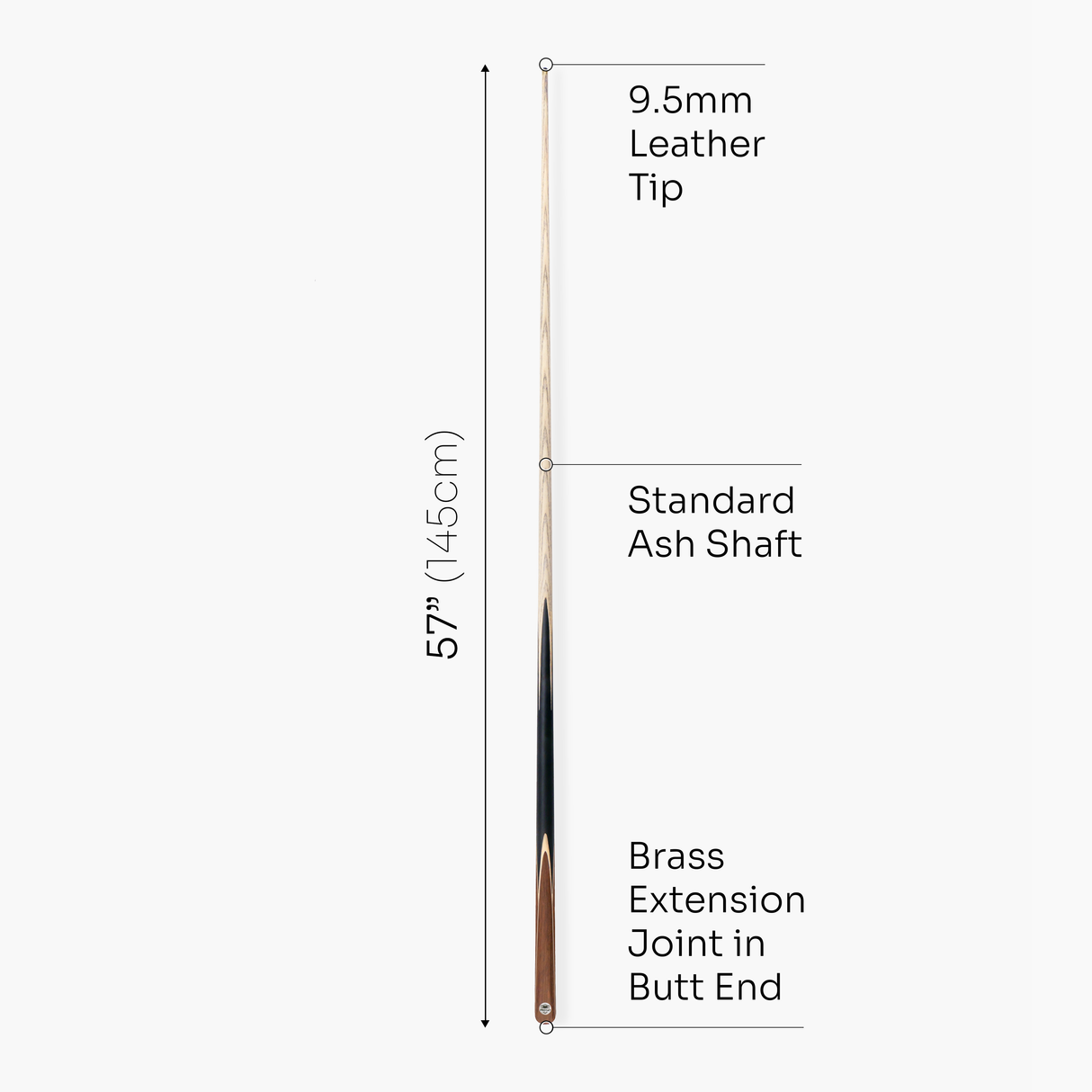 PRO147 Trident 57 Inch 1 Piece Hand Spliced Ash Snooker and Pool Cue with 9.5mm Tip