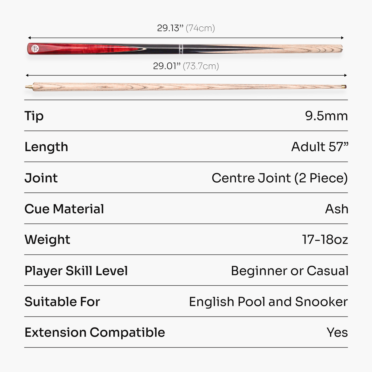 Baize Master 57 Inch CONQUEST 2 Piece Snooker Pool Cue Matching Ash Shaft 9.5mm Tip