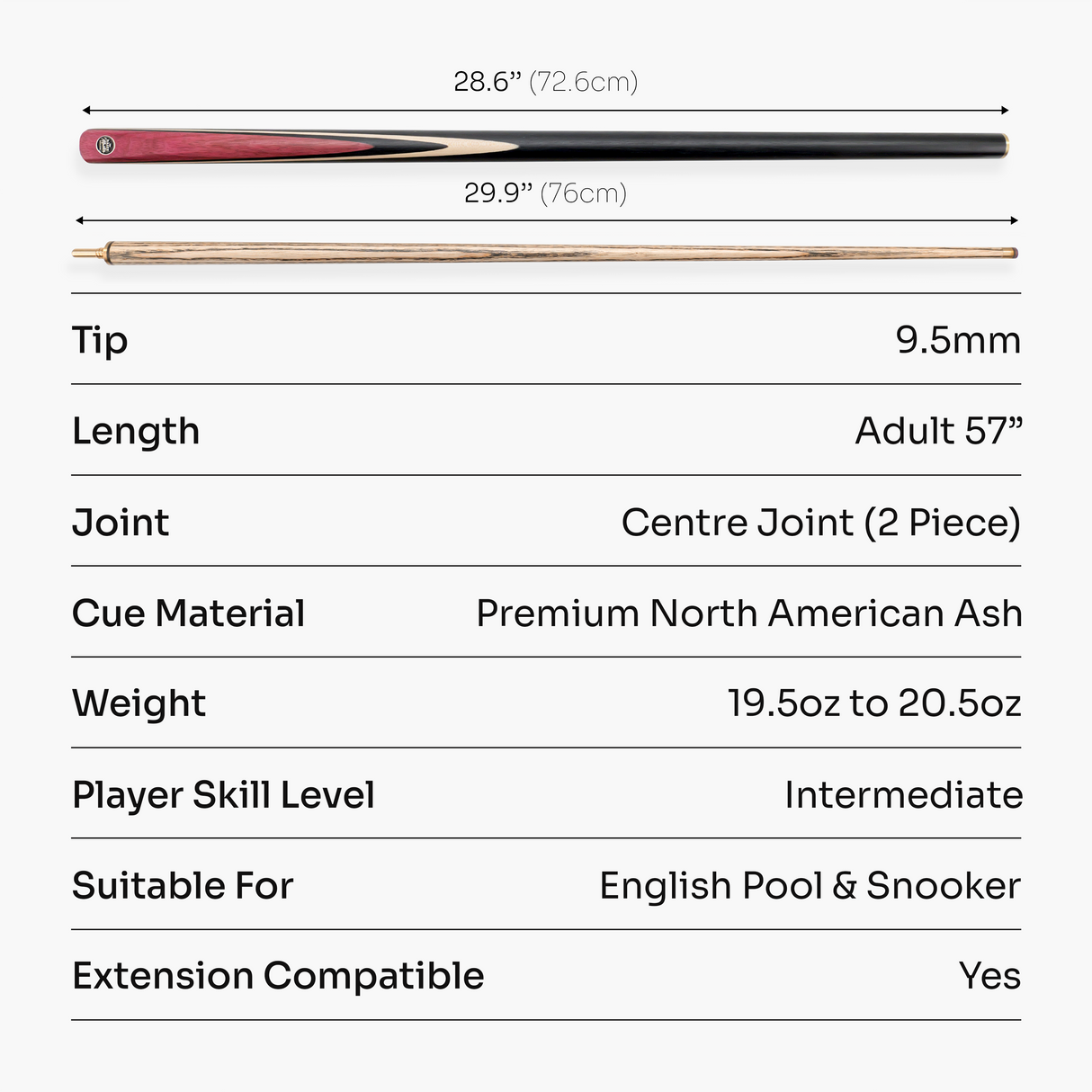 Baize Master BLACKLINE CLASSIC 2 Piece Snooker and Pool Cue 9.5mm Layered Tip
