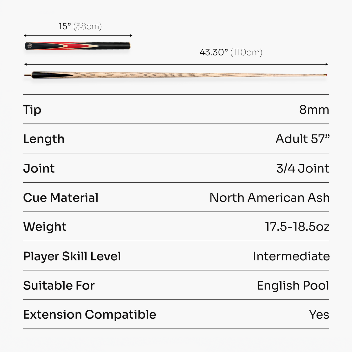 Jonny 8 Ball 3/4 SNIPER 57 Inch Ash English Pool Cue with 8mm Layered Pro Tip