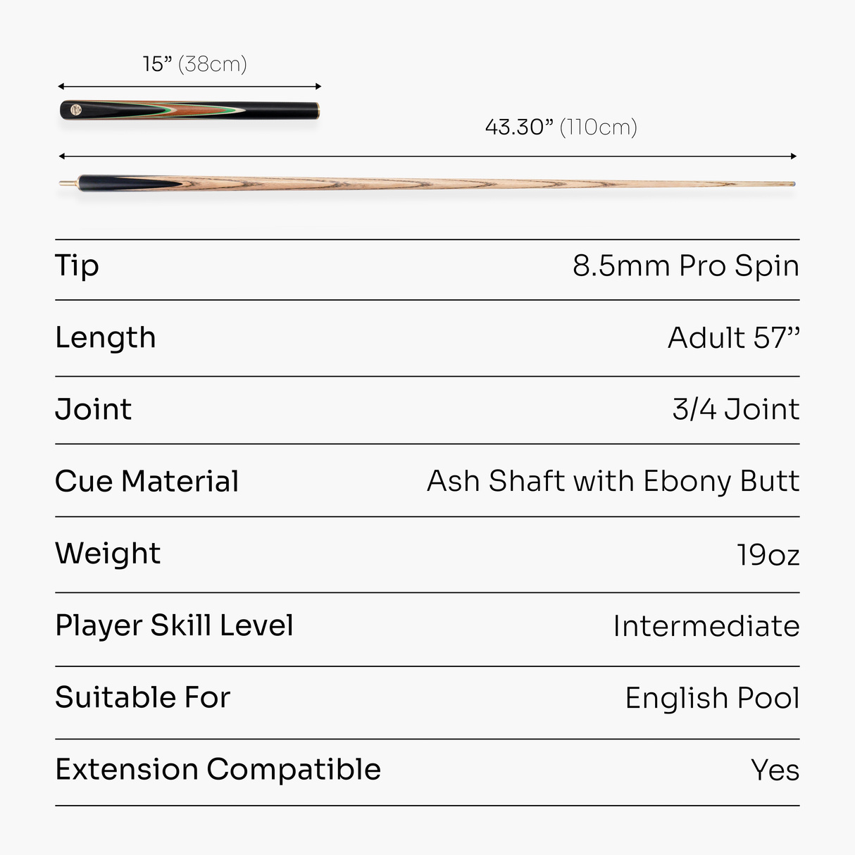 Baize Master Limited Edition Gold Series Green Flash 57 Inch ¾ Professional English Pool Cue 8.5mm with with Hand Fitted PRO SPIN Medium Tip - Hand Finished in the UK by Cue Care Jim using Lynch’s Cue Balm