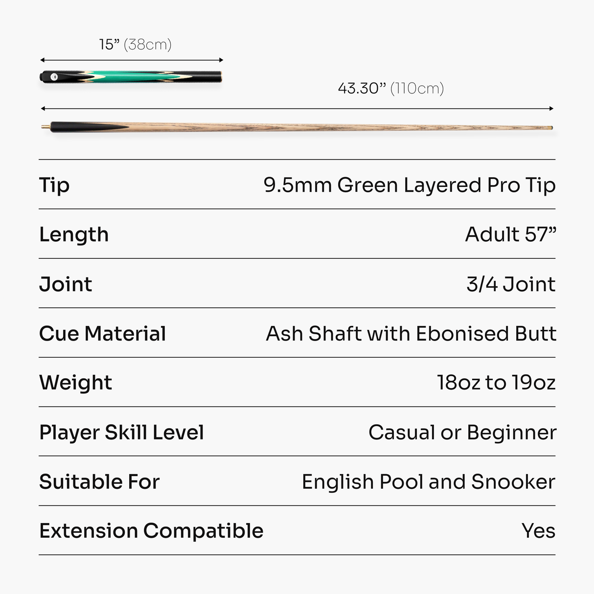 PRO147 Lancet 3/4 Joint Snooker and Pool Cue with 9.5mm Green Layered Tip