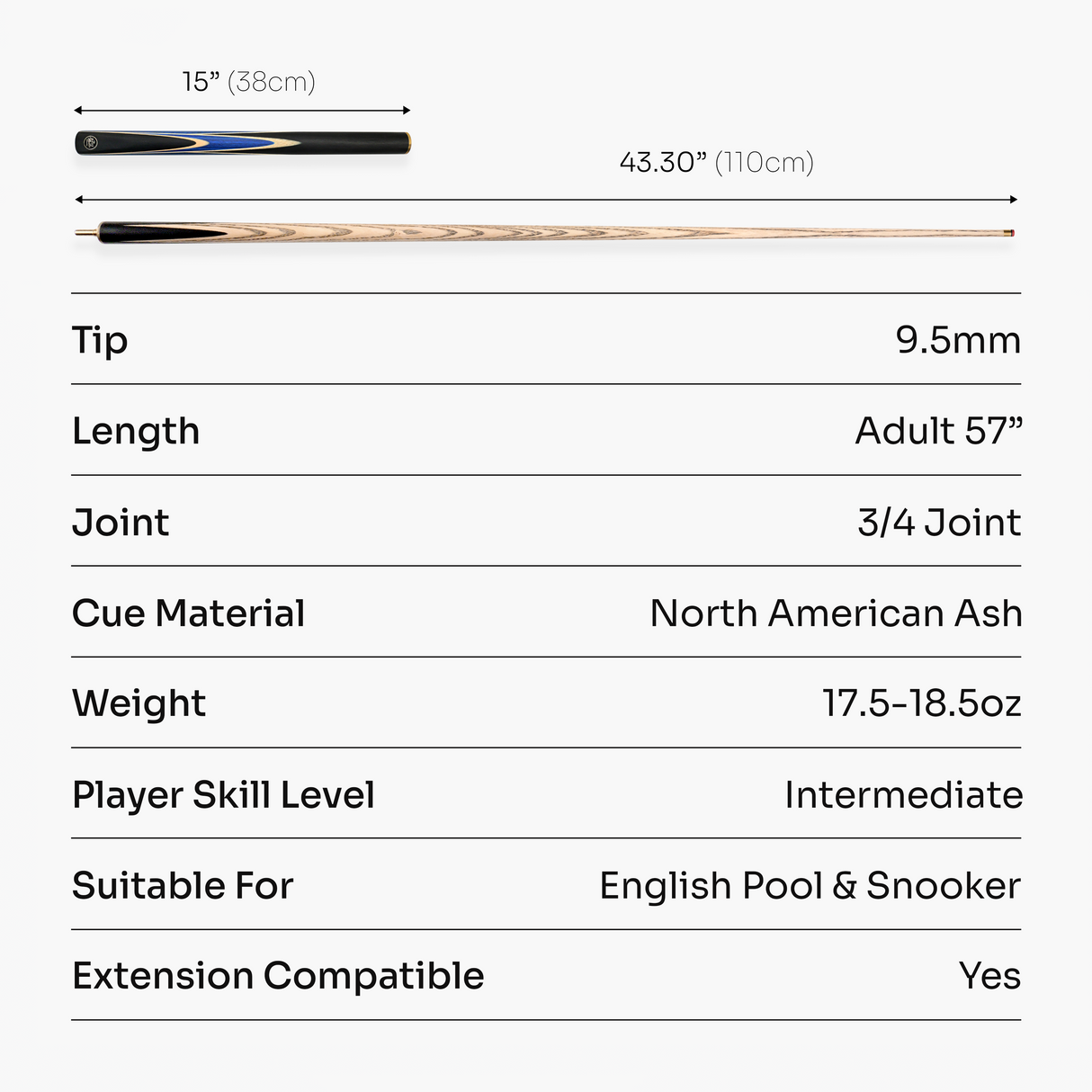 Baize Master 3/4 CRUCIBLE Hand Spliced 57 Inch Ash Snooker Pool Cue with 9.5mm Tip + Mini Butt Extension