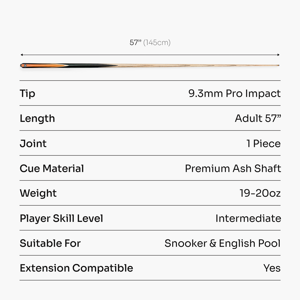 PRO147 Jester 57 Inch One Piece Snooker and Pool Cue with 9.3mm Pro Tip PRO147