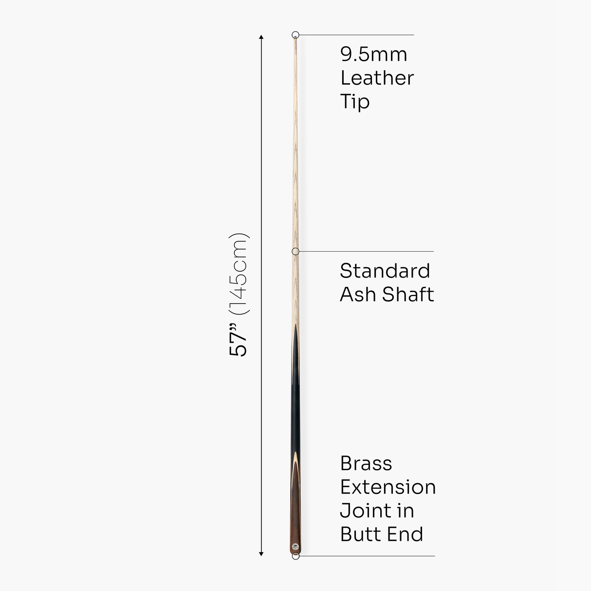 PRO147 Trident 57 Inch 1 Piece Hand Spliced Ash Snooker and Pool Cue with 9.5mm Tip