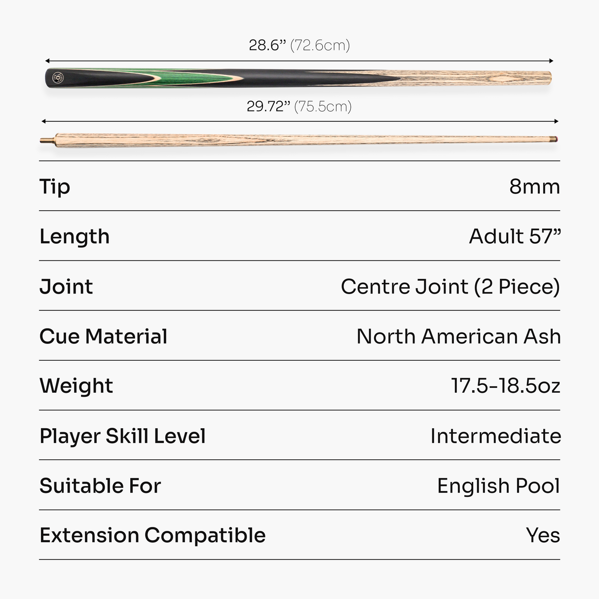 Jonny 8 Ball 2 Piece SNIPER 57 Inch Ash English Pool Cue with 8mm Pro Leather Tip