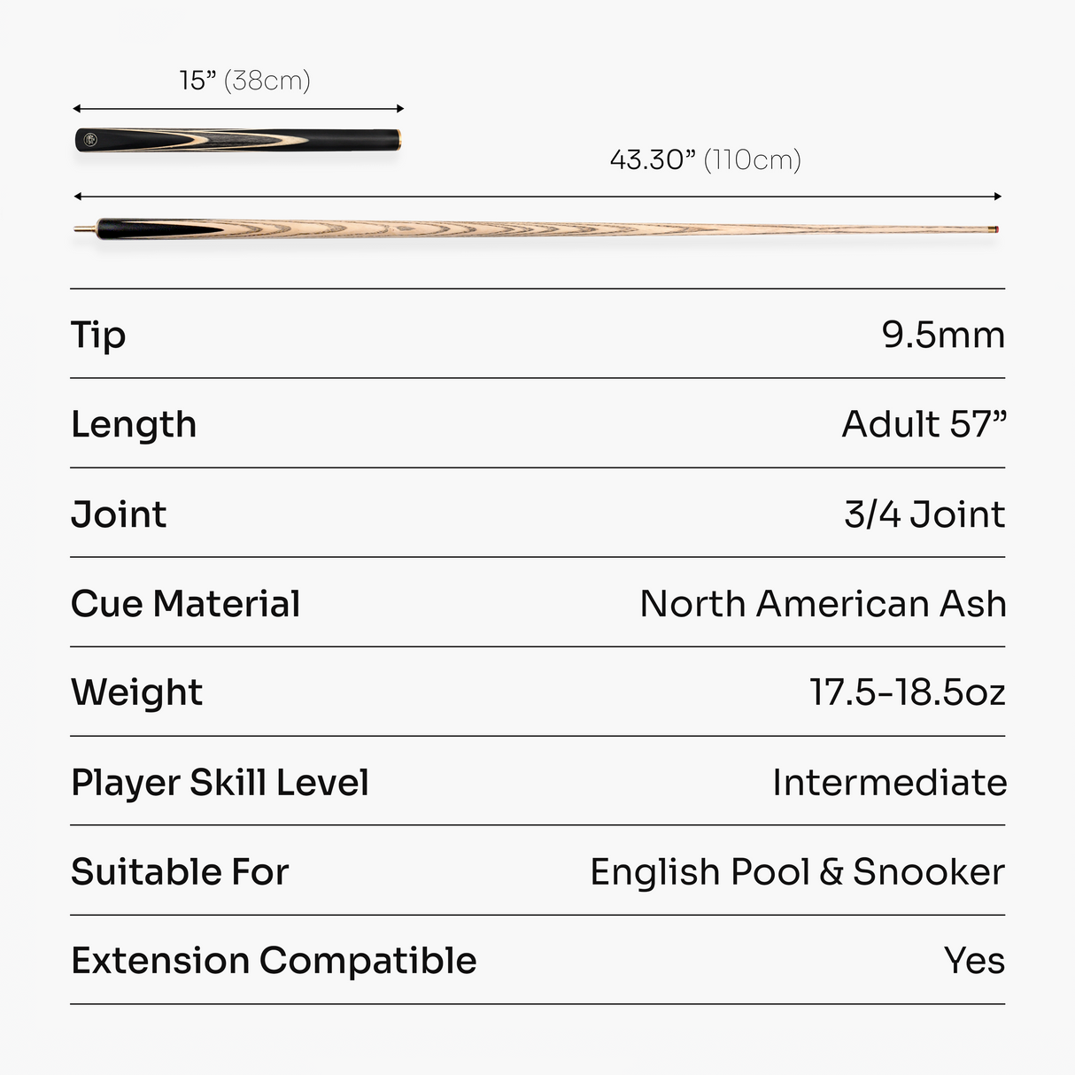 Baize Master 3/4 CRUCIBLE Hand Spliced 57 Inch Ash Snooker Pool Cue with 9.5mm Tip + Mini Butt Extension