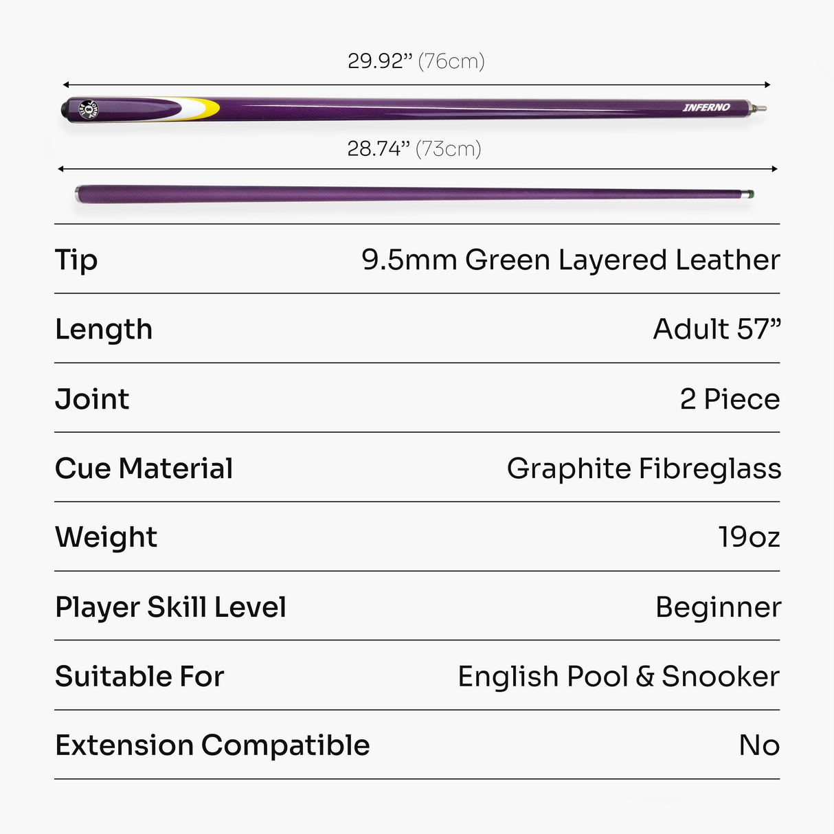 Jonny 8 Ball Inferno 2 Piece Graphite Fiberglass Snooker and Pool Cue 9.5mm Green Layered Tip