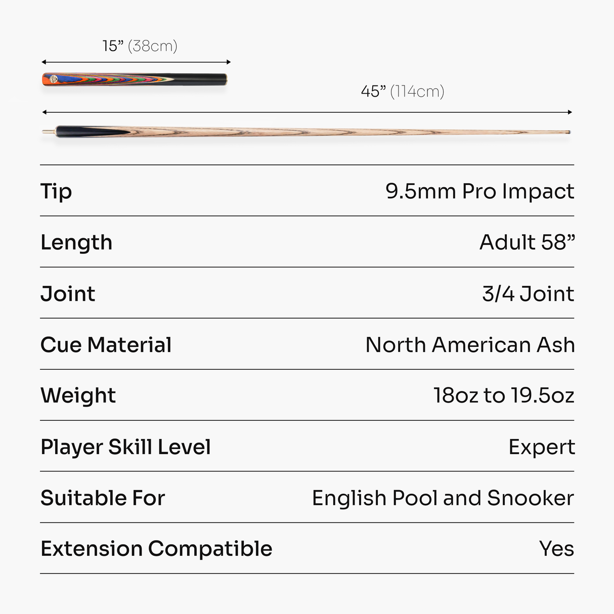 Baize Master Prism Centurion 58 Inch 3/4 Joint Hand Spliced Snooker and Pool Cue with 9.5mm Pro Impact Hybrid Tip Baize Master
