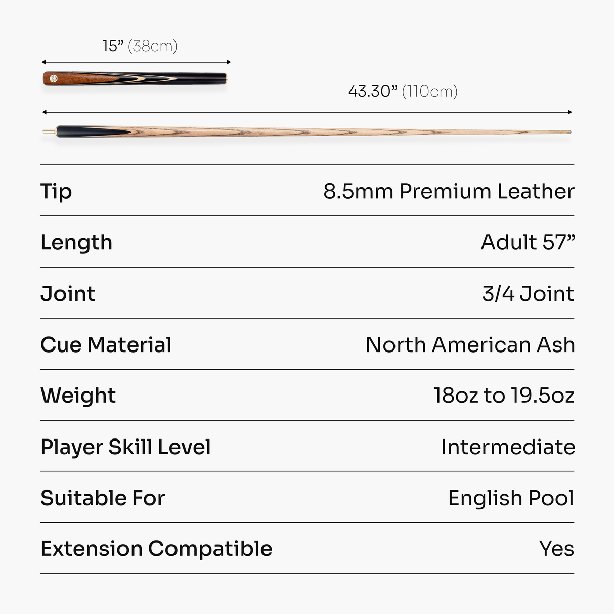 Baize Master White Marksman ¾ Joint English Pool Cue with 8.5mm Baize Master Blue Pressed Tip
