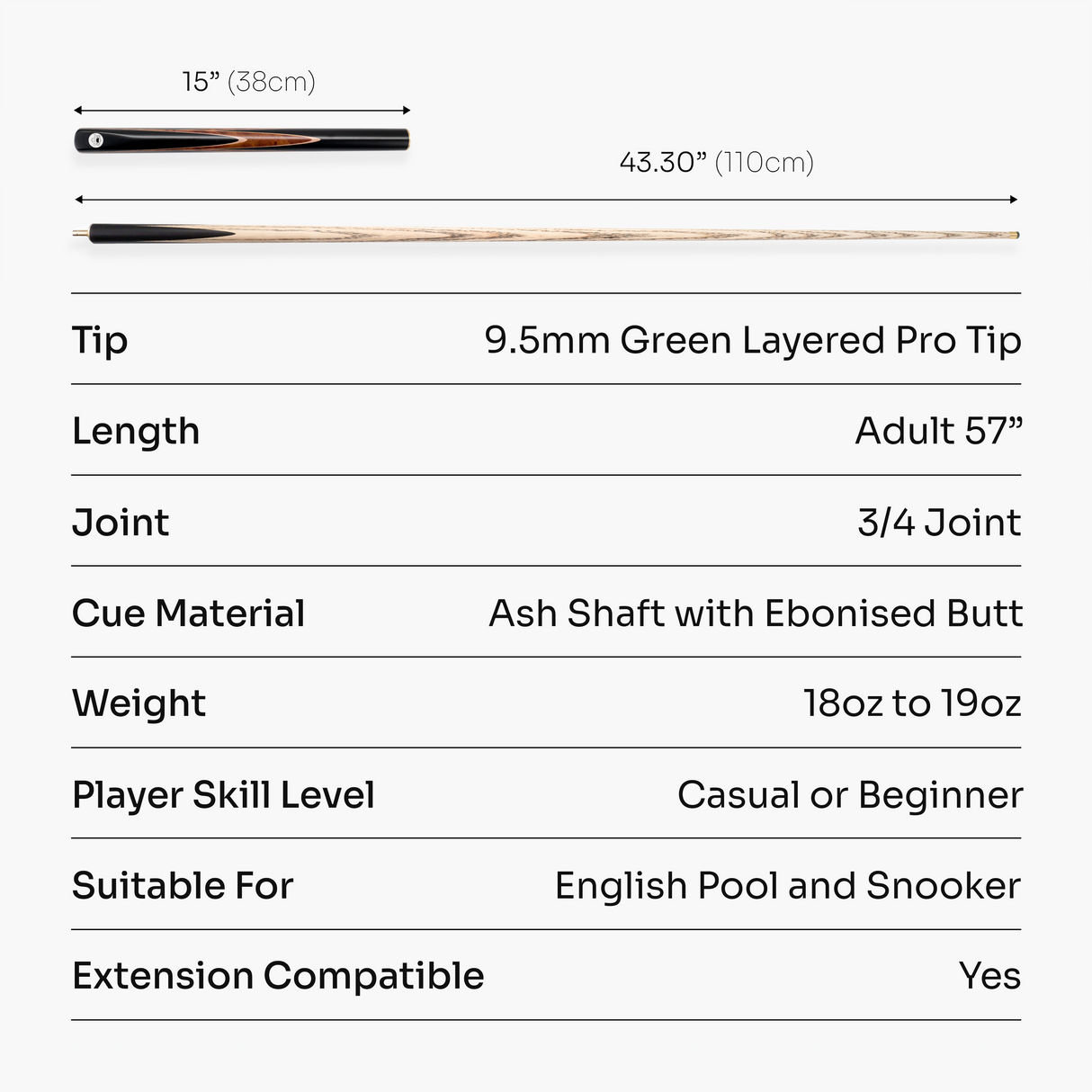PRO147 Hazel Eclipse 3/4 Joint Snooker and Pool Standard Cue and Case Set with 9.5mm Green Layered Tip