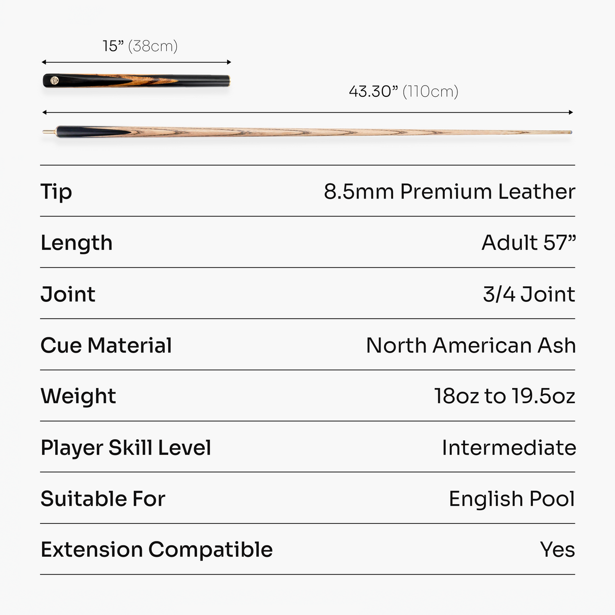 Baize Master Ember Marksman ¾ Joint English Pool Cue and Case Set with 8.5mm Baize Master Blue Pressed Tip