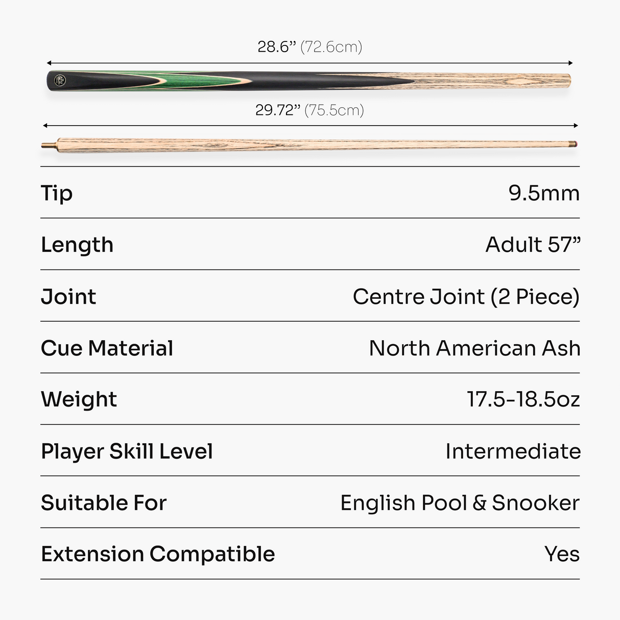 Baize Master CRUCIBLE 57 Inch 2 Piece Centre Joint Ash Snooker Pool Cue with 9.5mm Tip