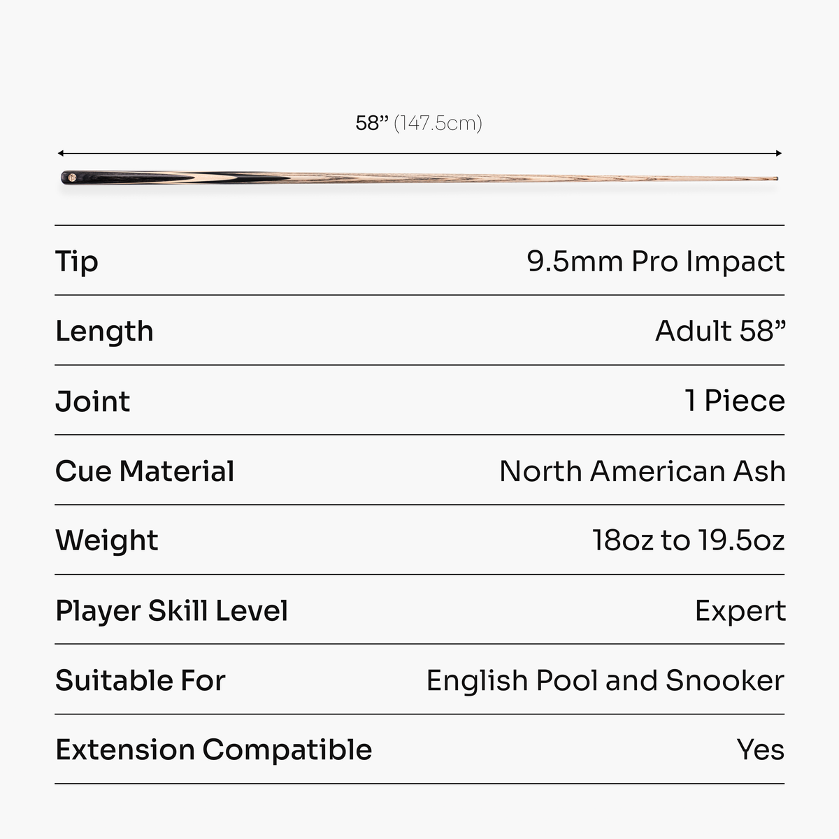 Baize Master Silver Centurion 58 Inch 1 Piece Snooker and Pool Cue with 9.5mm Pro Impact Tip