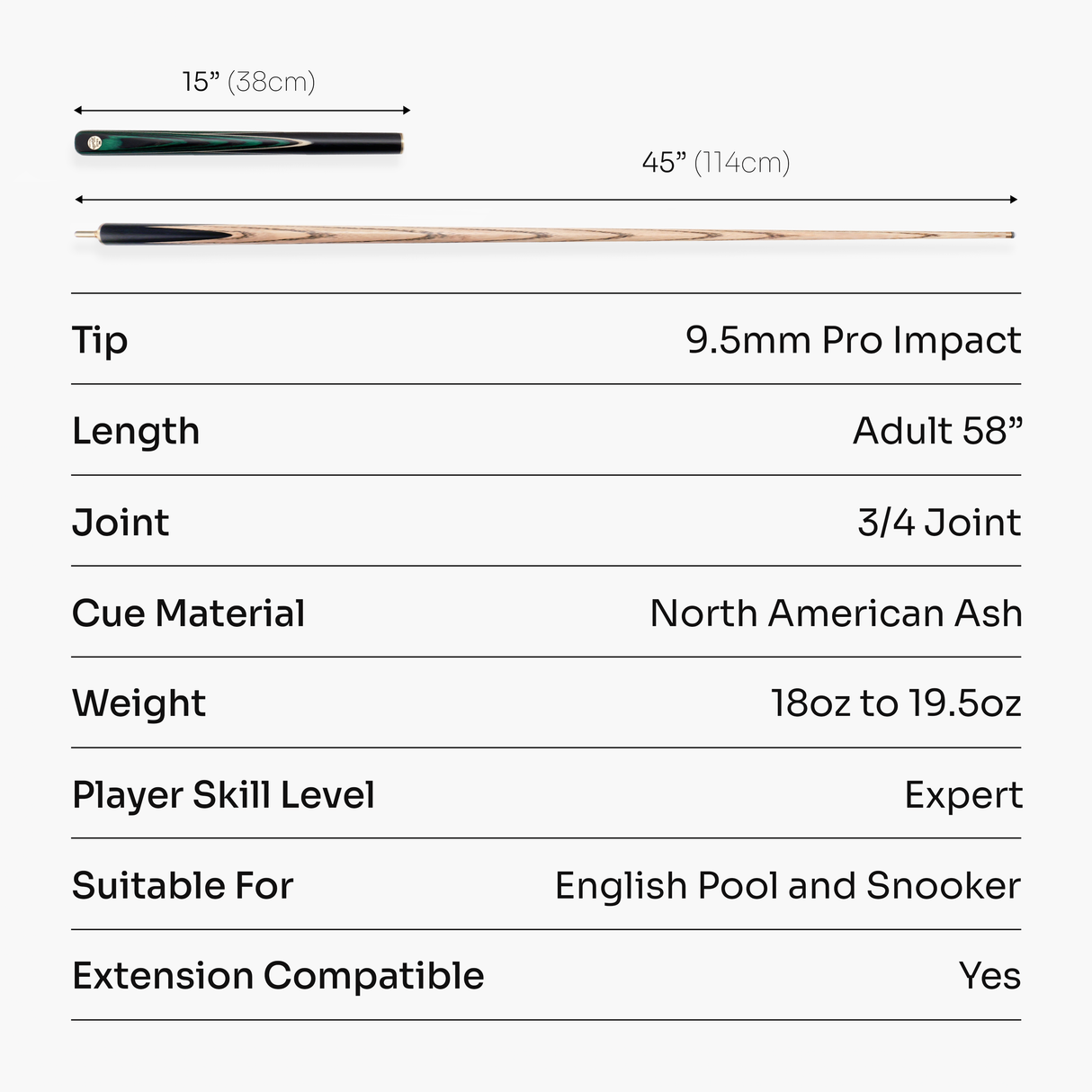 Baize Master Emerald Centurion 58 Inch 3/4 Joint Hand Spliced Snooker and Pool Cue with 9.5mm Pro Impact Hybrid Tip Baize Master