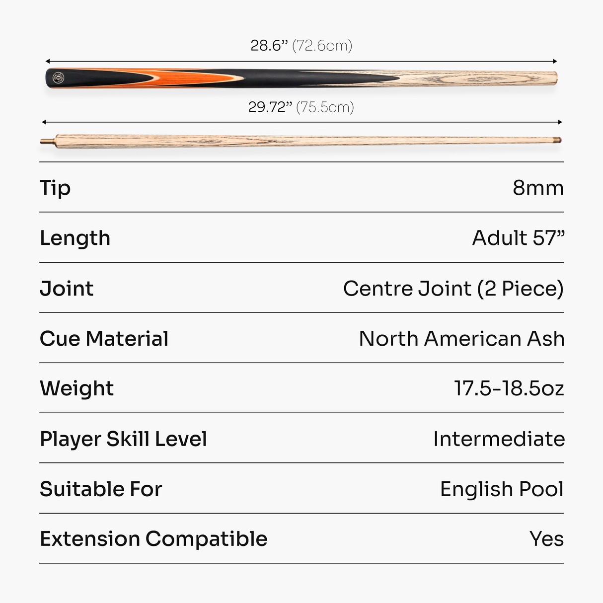 Jonny 8 Ball 2 Piece SNIPER 57 Inch Ash English Pool Cue with 8mm Pro Leather Tip