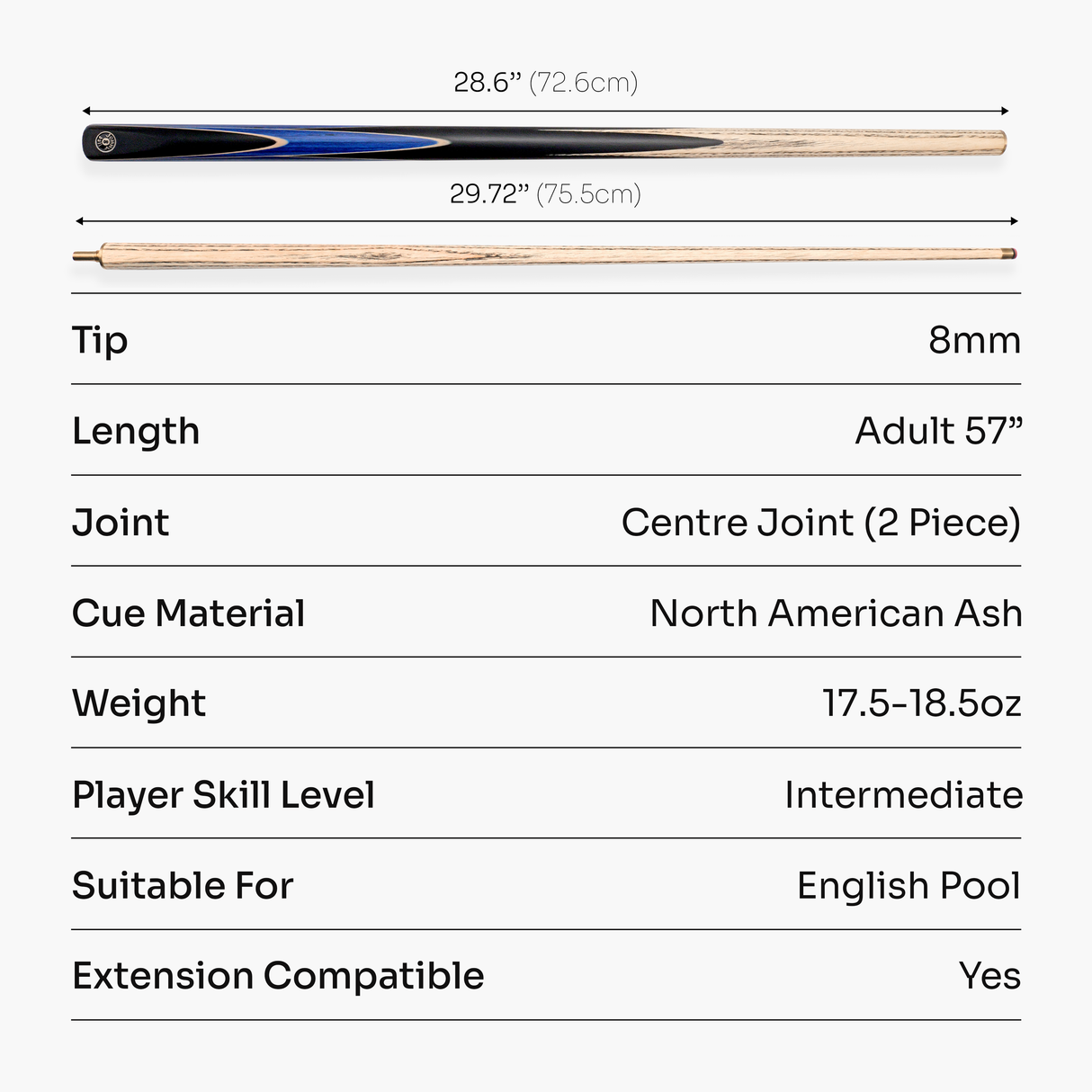 Jonny 8 Ball 2 Piece SNIPER 57 Inch Ash English Pool Cue with 8mm Pro Leather Tip