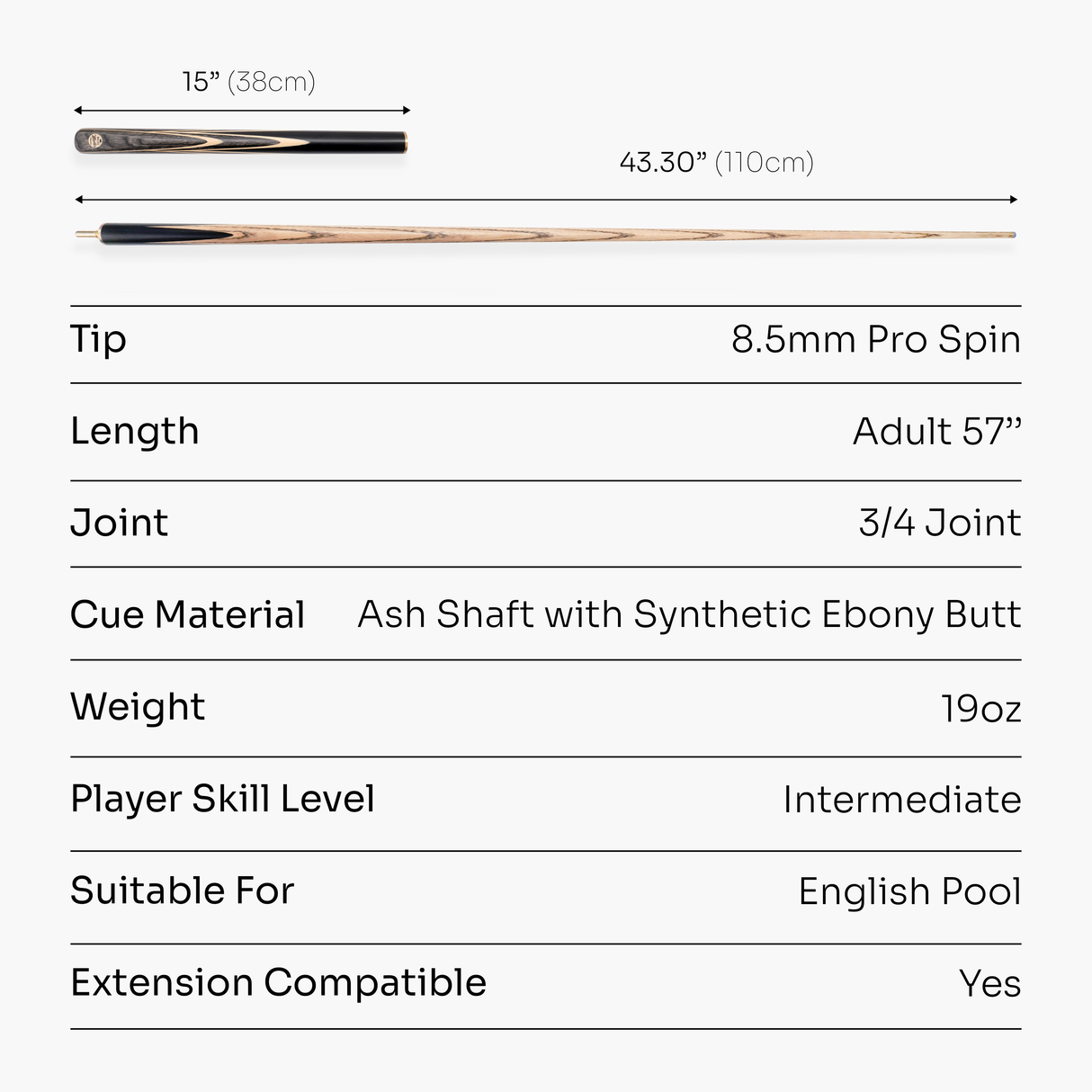 Baize Master G14 Emperor 57 Inch ¾ Professional English Pool Cue 8.5mm with with Hand Fitted PRO SPIN Medium Tip - Hand Finished in the UK by Cue Care Jim using Lynch’s Cue Balm