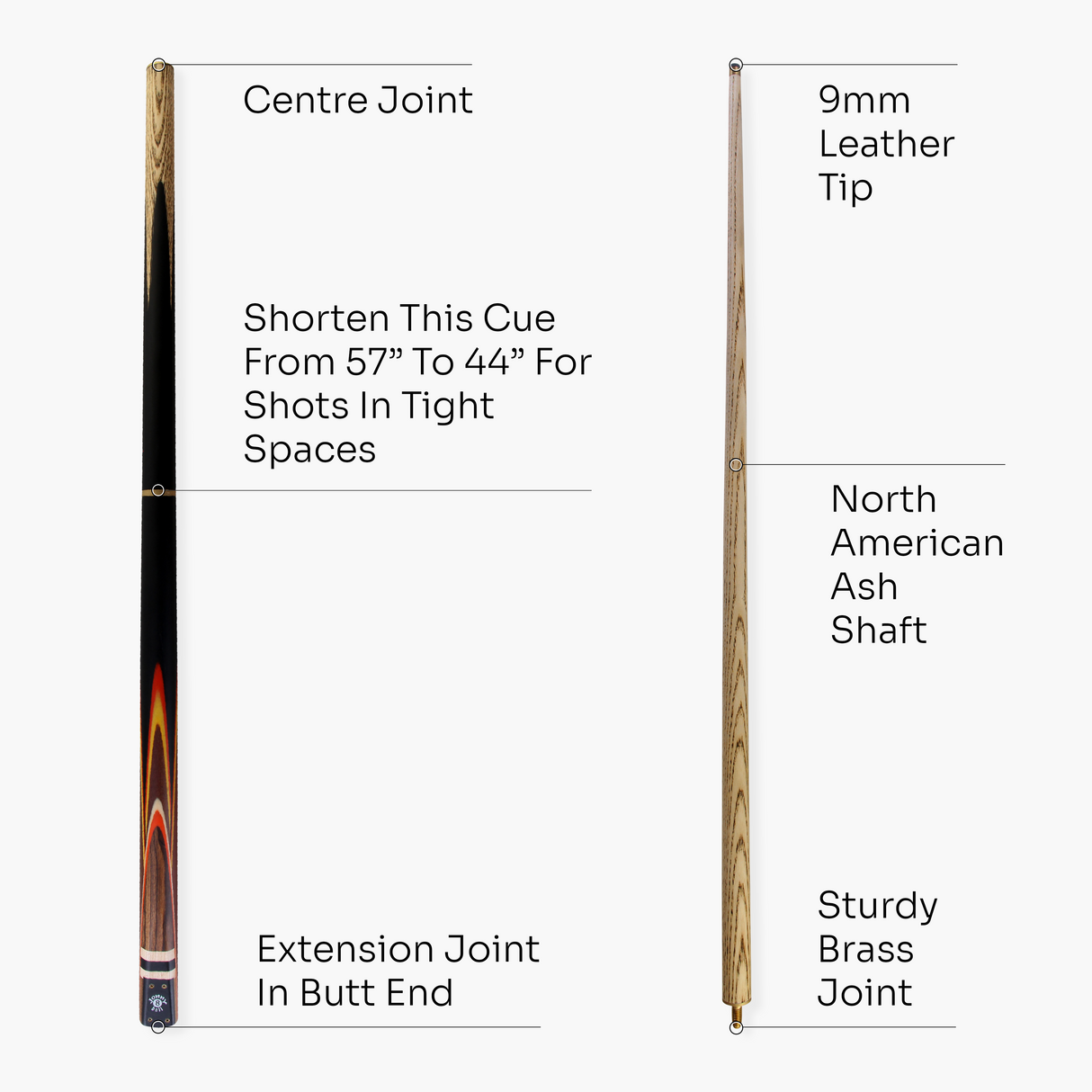 Jonny 8 Ball 57 Inch 3 Piece Length Adjustable Snooker Pool Cue 9mm Tip - Shorten to 44"