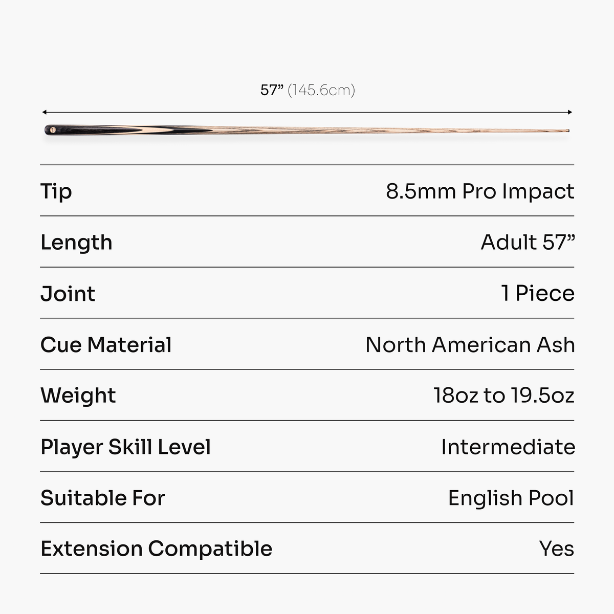 Baize Master Silver Marksman 57 Inch 1 Piece English Pool Cue with 8.5mm Baize Master Pro Impact Tip