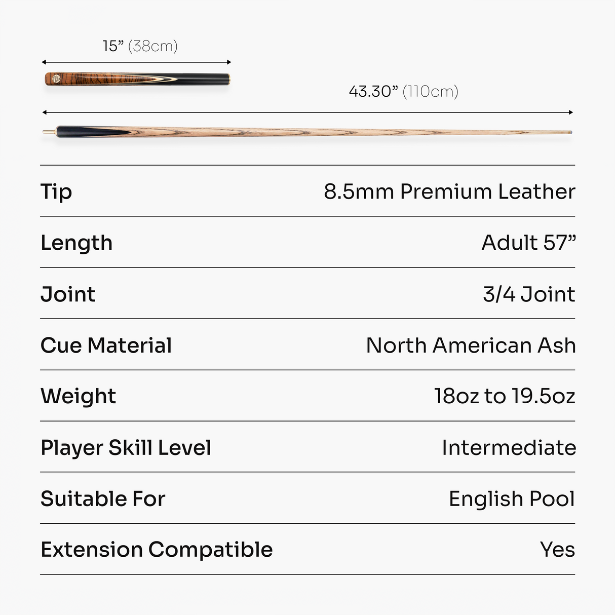 Baize Master Tiger Marksman ¾ Joint English Pool Cue with 8.5mm Baize Master Blue Pressed Tip