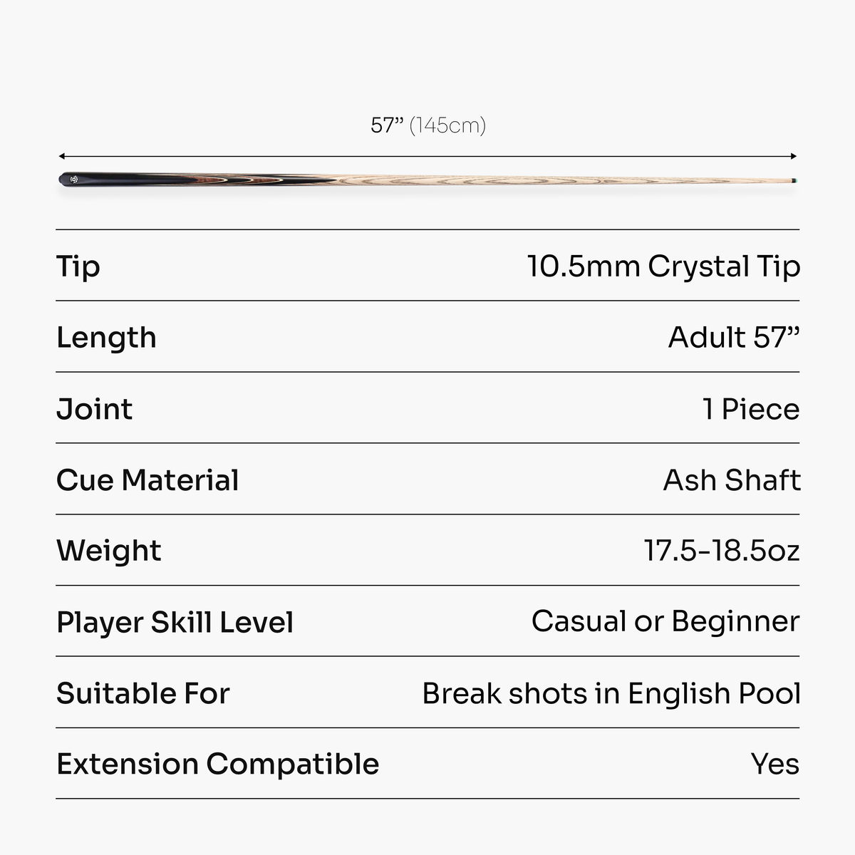 Jonny 8 Ball Juggernaut 57 Inch 1 Piece Ash English Pool Break Cue with Phenolic Ferrule and 10.5mm Crystal Tip
