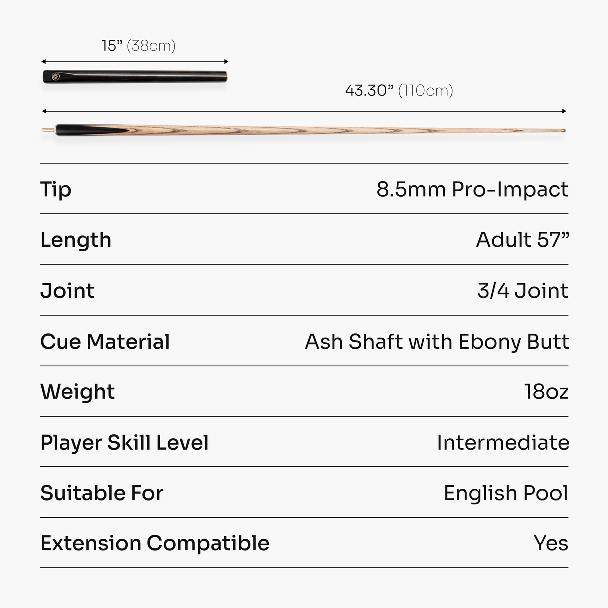 Baize Master CLASSIQUE 57 Inch 3/4 Joint Ebony Butt English Pool Cue and Case Set 8.5mm Tip