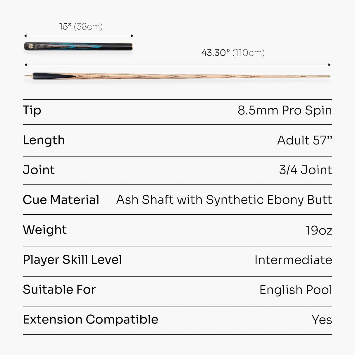 Baize Master G14 Emperor 57 Inch ¾ Professional English Pool Cue 8.5mm with with Hand Fitted PRO SPIN Medium Tip - Hand Finished in the UK by Cue Care Jim using Lynch’s Cue Balm