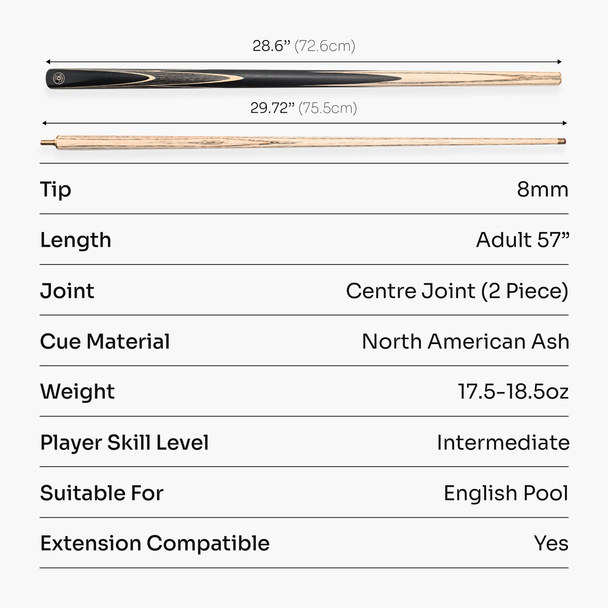Jonny 8 Ball 2 Piece SNIPER 57 Inch Ash English Pool Cue with 8mm Pro Leather Tip