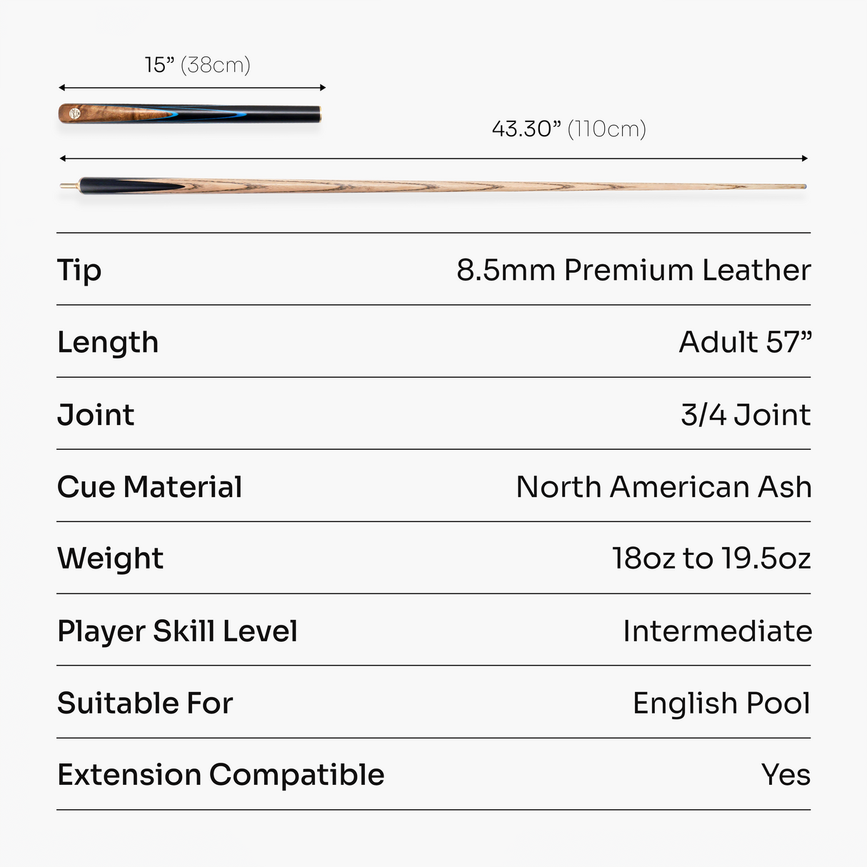 Baize Master Blue Marksman ¾ Joint English Pool Cue with 8.5mm Baize Master Blue Pressed Tip