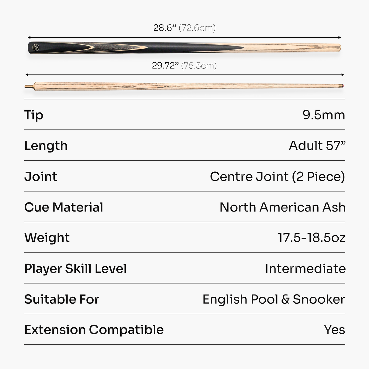 Baize Master CRUCIBLE 57 Inch 2 Piece Centre Joint Ash Snooker Pool Cue with 9.5mm Tip