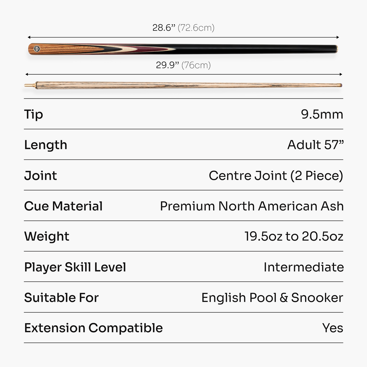 Baize Master BLACKLINE ELITE 2 Piece Snooker and Pool Cue 9.5mm Layered Tip