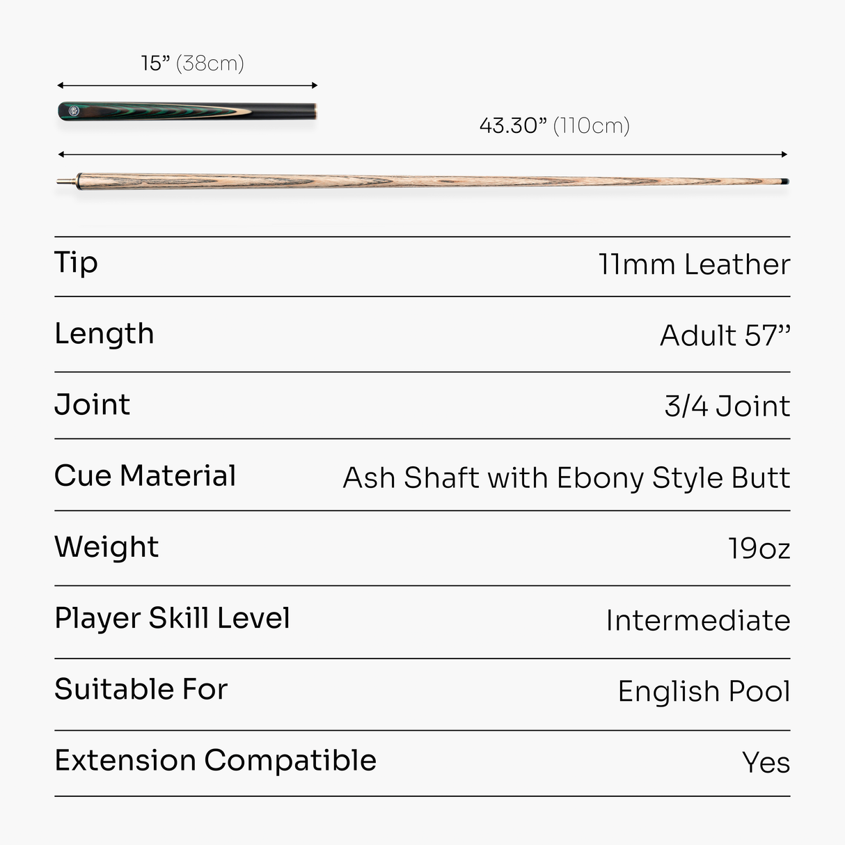 Baize Master Green Crusher 57 Inch ¾ Joint English Pool Break Cue - 11mm Tip – For Breaking Only