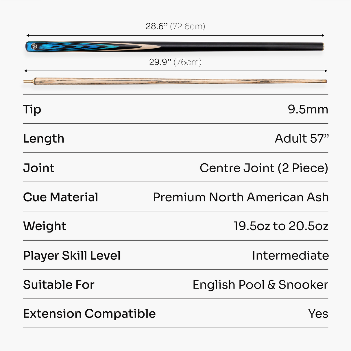 Baize Master BLACKLINE CLASSIC 2 Piece Snooker and Pool Cue 9.5mm Layered Tip