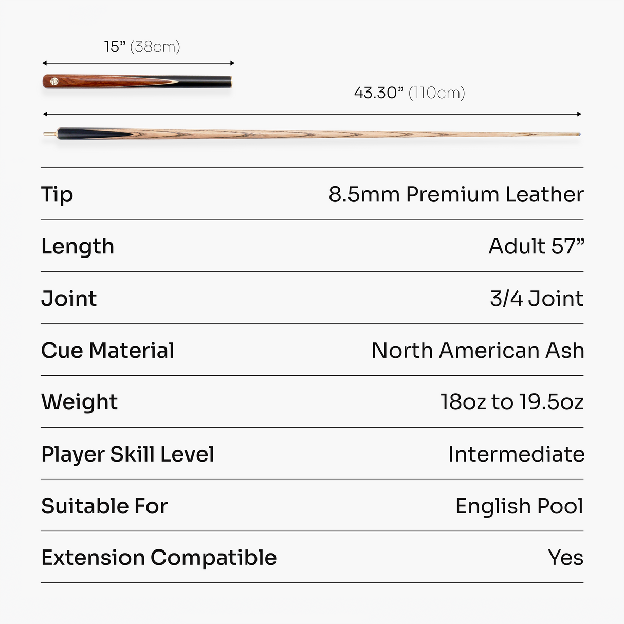 Baize Master Classic Marksman ¾ Joint English Pool Cue with 8.5mm Baize Master Blue Pressed Tip