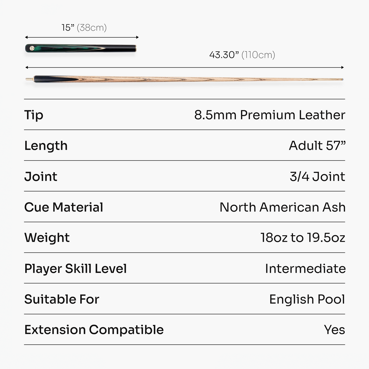 Baize Master Green Marksman ¾ Joint English Pool Cue with 8.5mm Baize Master Blue Pressed Tip