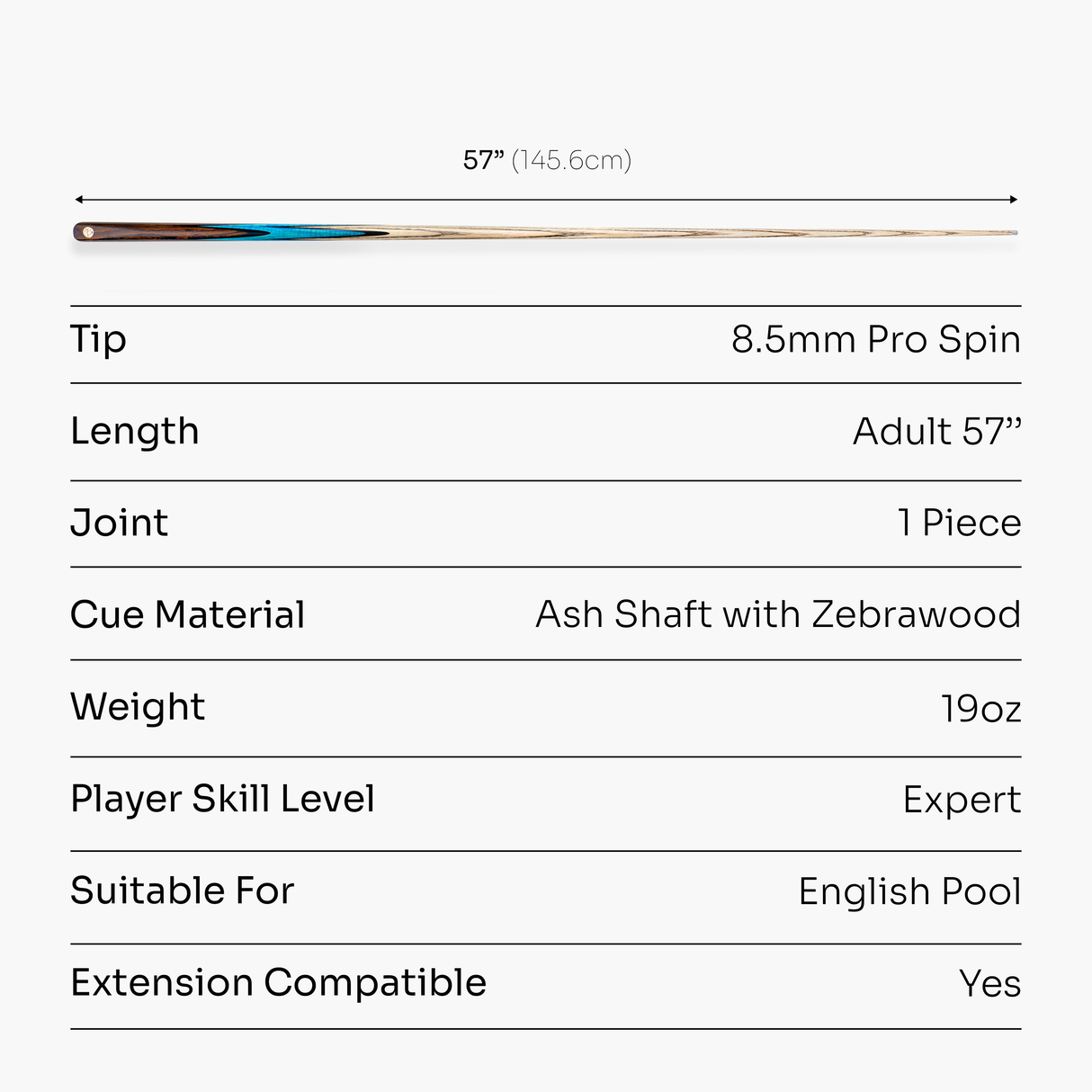 Baize Master Platinum Series BLUE FLAME 57 inch 1 Piece Luxury English Pool Cue 8.5mm Tip with Hand Fitted PRO SPIN Medium Tip - Hand Finished in the UK by Cue Care Jim using Lynch’s Cue Balm