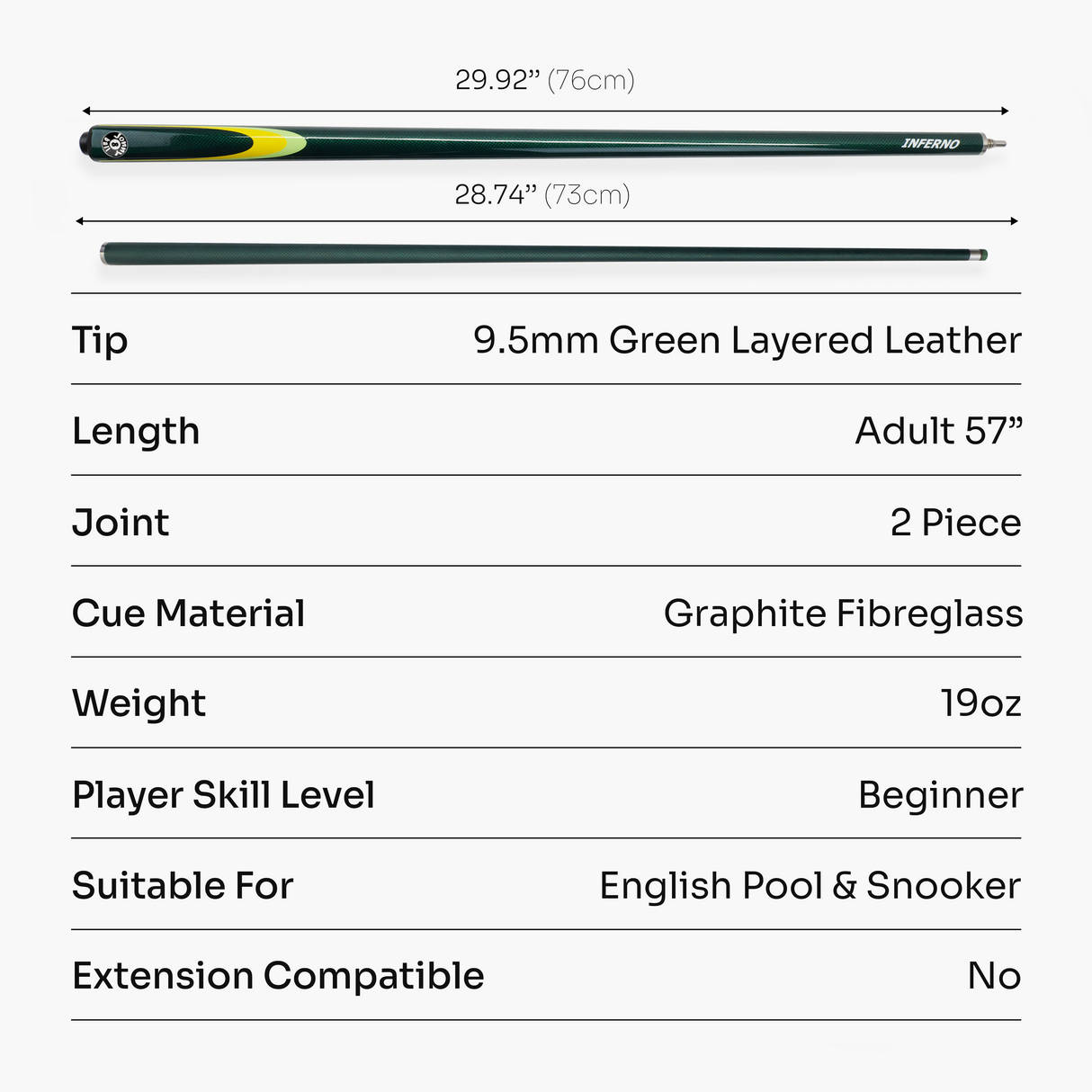 Jonny 8 Ball Inferno 2 Piece Graphite Fiberglass Cue and Case Set 9.5mm Green Layered Tip