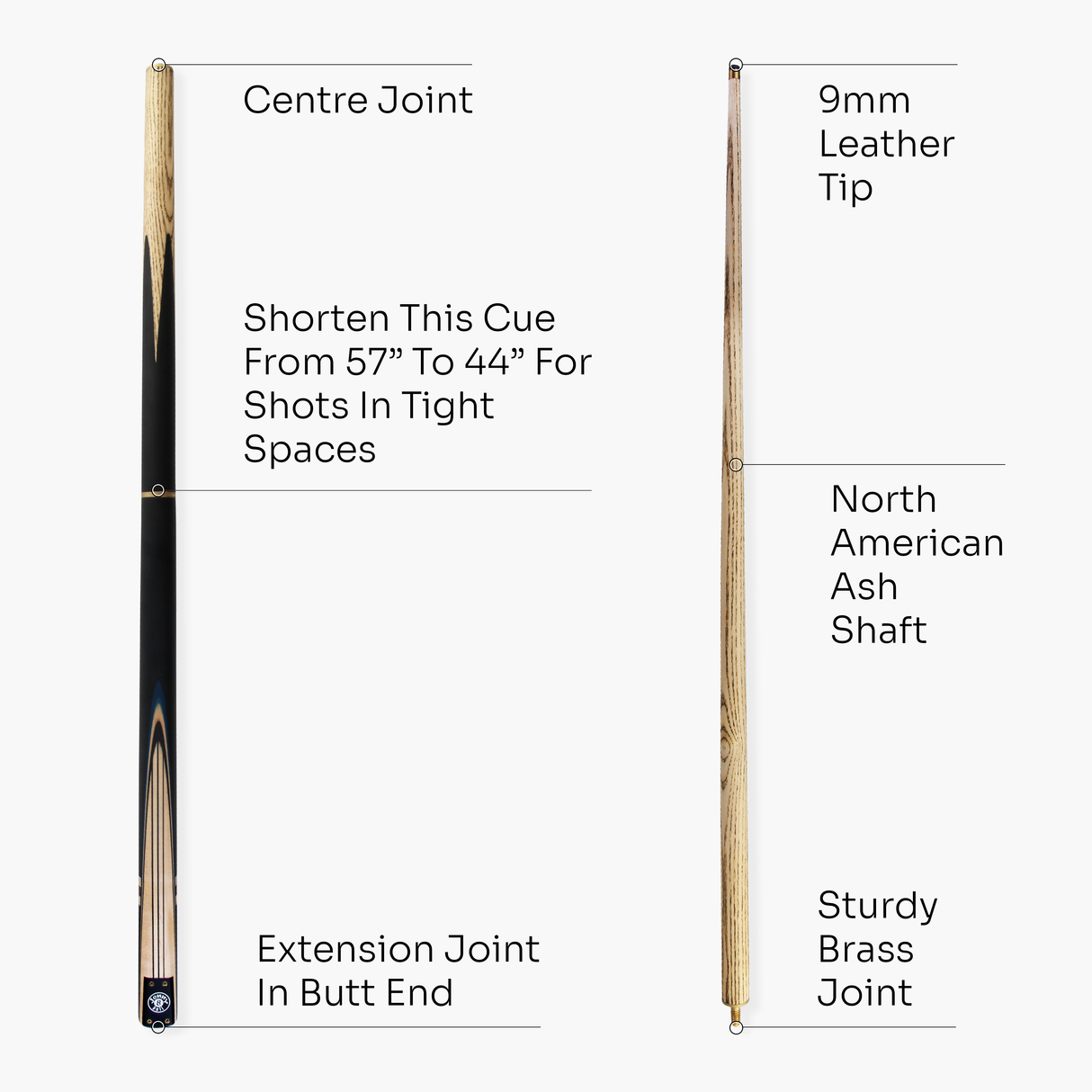 Jonny 8 Ball 57 Inch 3 Piece Length Adjustable Cue 9mm Tip - Shorten to 44 Inch + Black Reinforced Hard Case